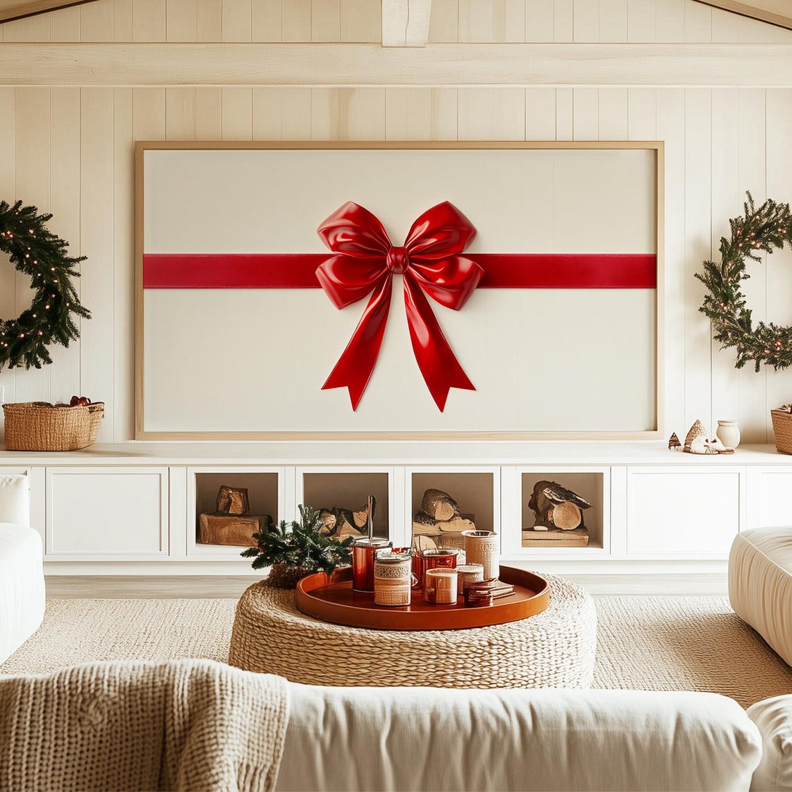 Glossy Red Ribbon Bow on Cream Gift Wrap Minimalist Holiday Poster - Image 3