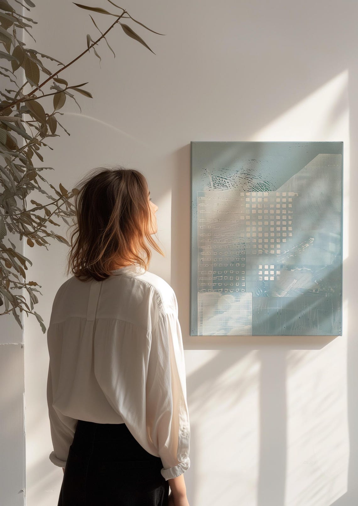 Pale Blue Textured Abstract Painting with Soft White Squares Print - Image 2