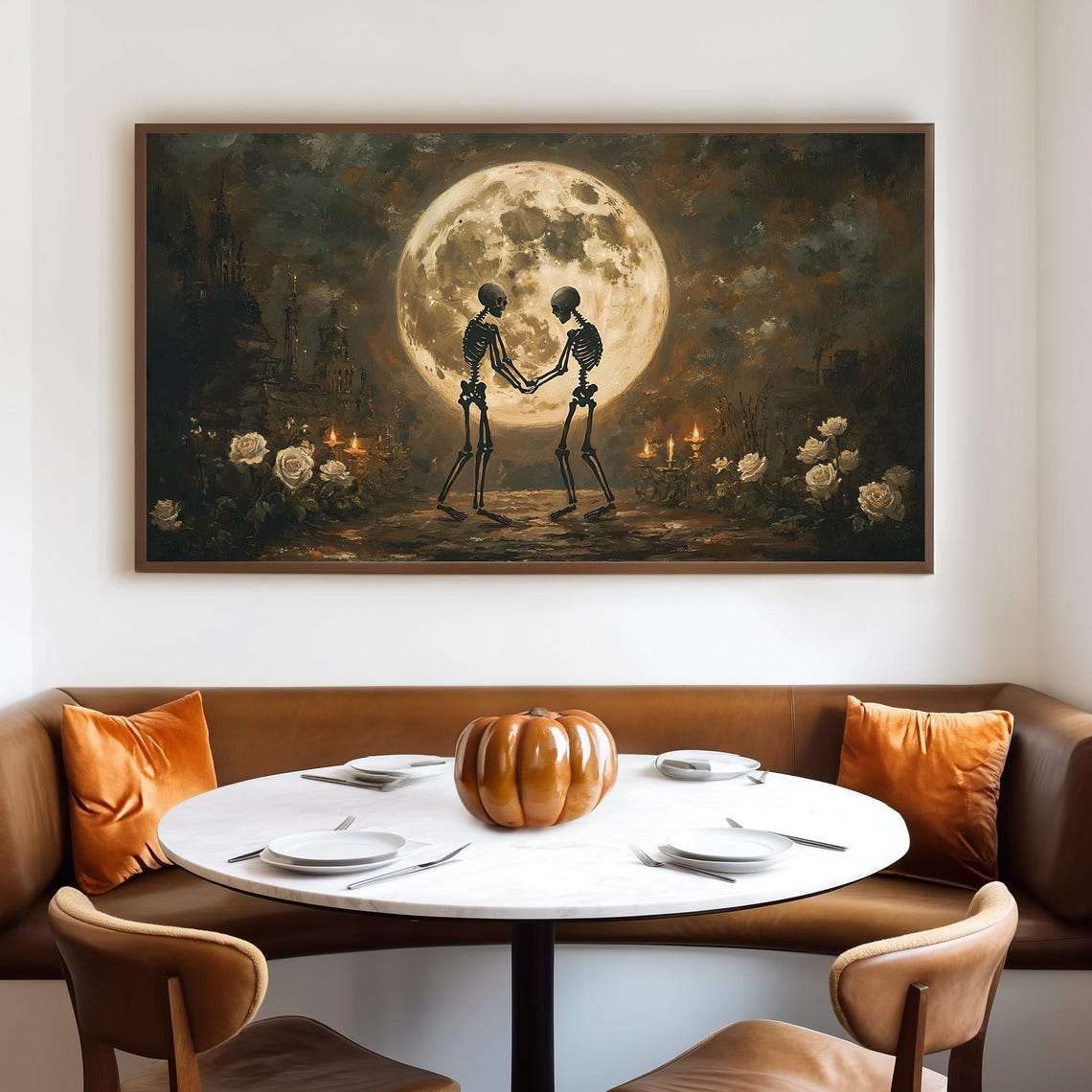 Two Skeletons Holding Hands Beneath a Full Moon Graveyard Poster - Image 4