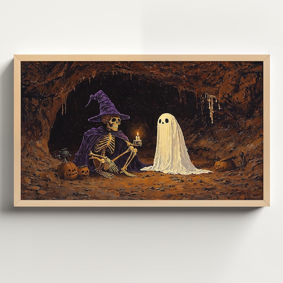Skeleton Wizard With Purple Hat and Friendly Ghost in Cave Poster