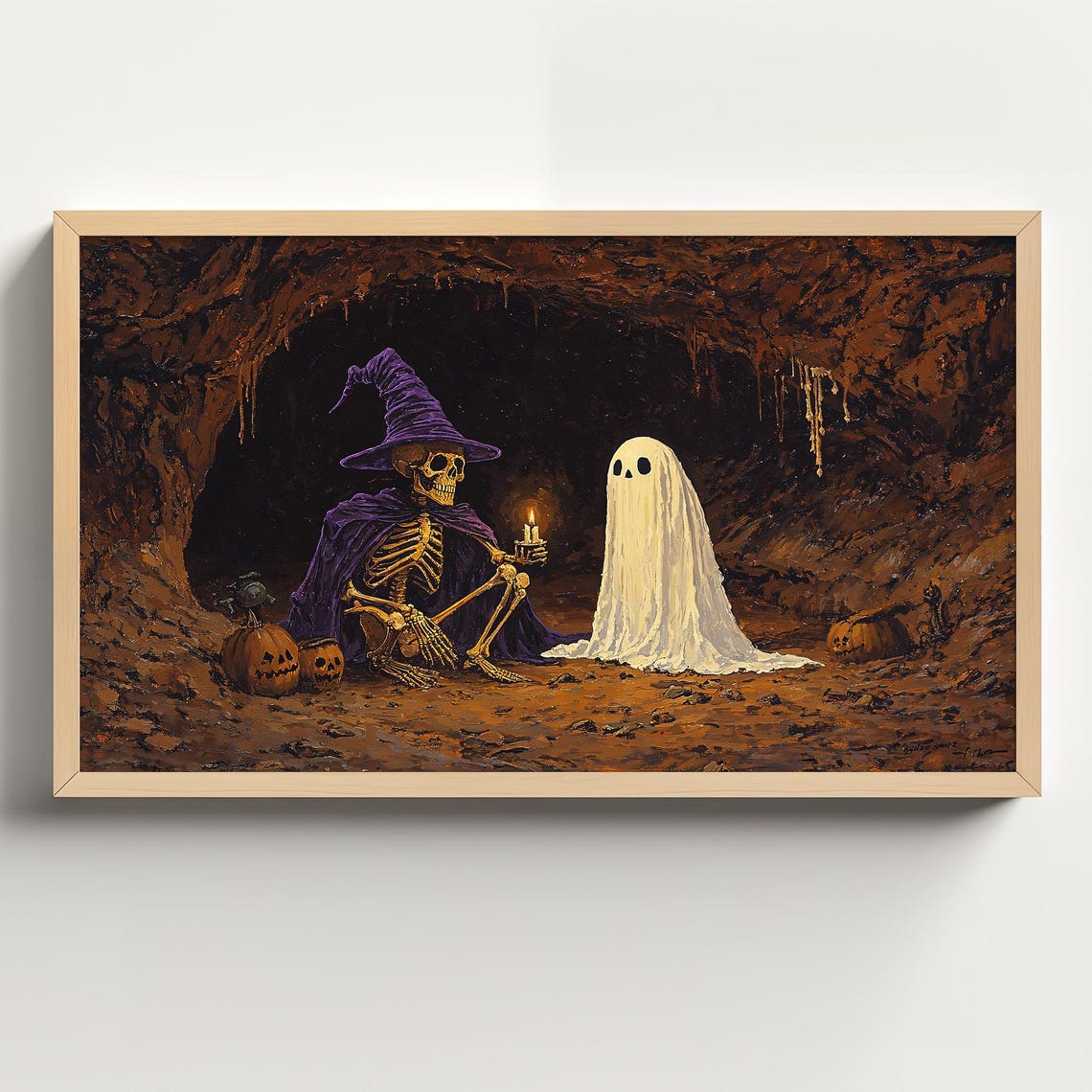 Skeleton Wizard With Purple Hat and Friendly Ghost in Cave Poster