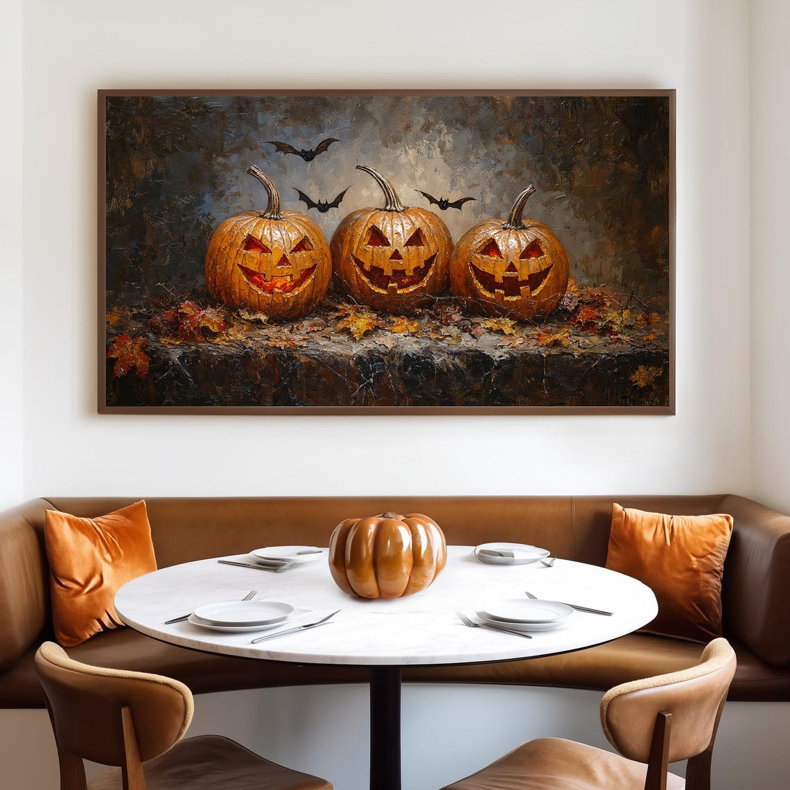 Three Grinning Jack O Lanterns With Bats Vintage Style Oil Poster - Image 4