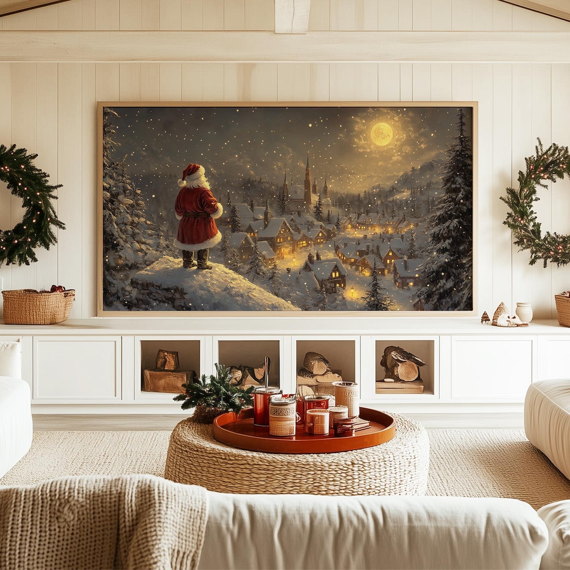 Vintage Santa Frame Art Print, Winter Village Night - Image 3