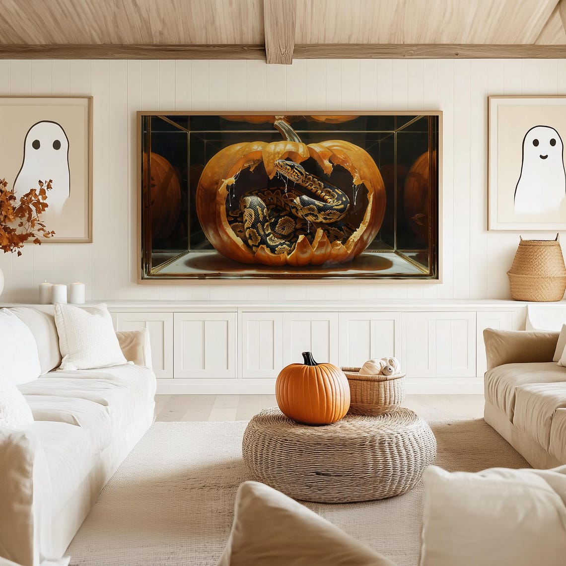 Ball Python Coiled Inside a Hollowed Pumpkin Aquarium Display Poster - Image 5