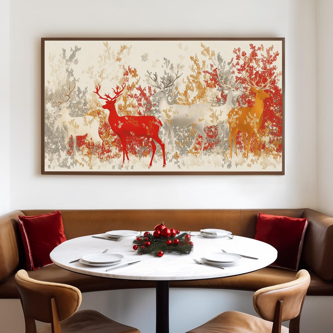 Stylized Red Stags Among Autumn Foliage Abstract Nature Art Poster - Image 4