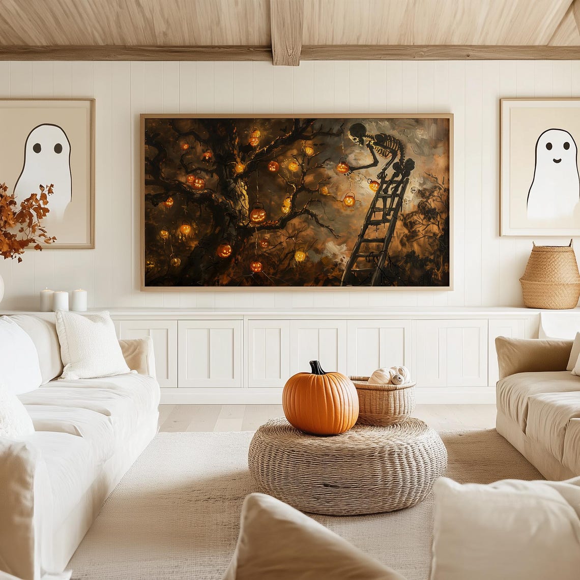 Skeleton Decorating Dead Tree With Hanging Pumpkin Lanterns Poster - Image 5