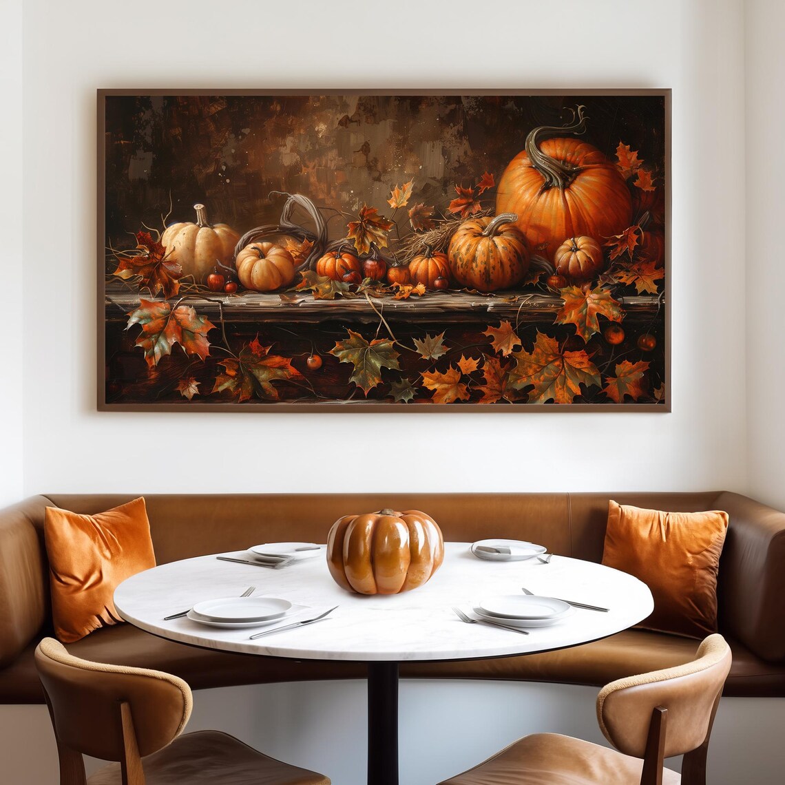 Rustic Shelf Pumpkin Still Life Among Glowing Autumn Maple Leaves Poster - Image 4
