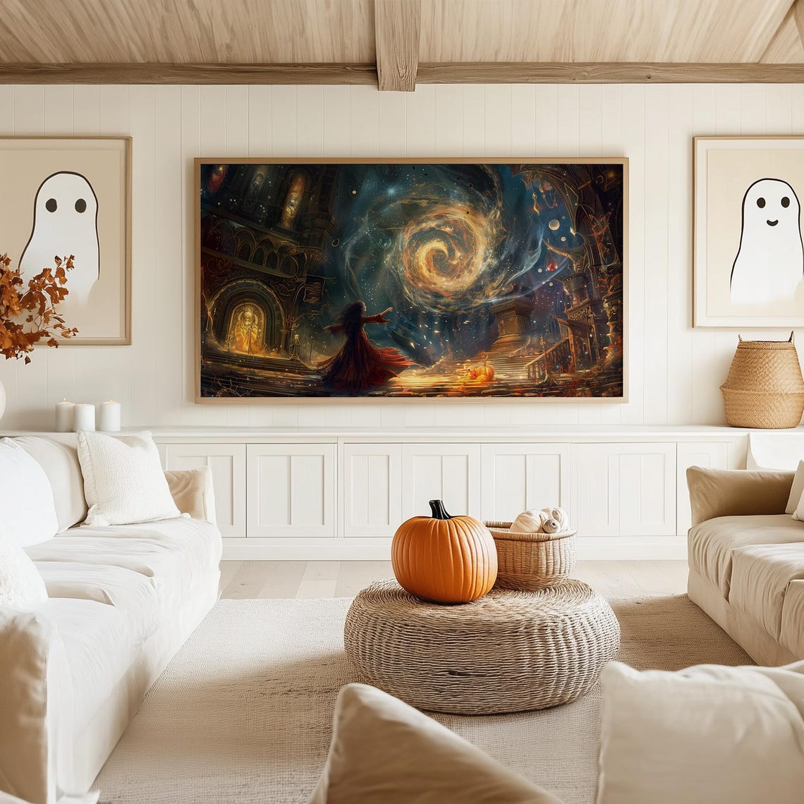 Witch Casting a Spell Beneath a Swirling Golden Galaxy Night Poster - Image 5