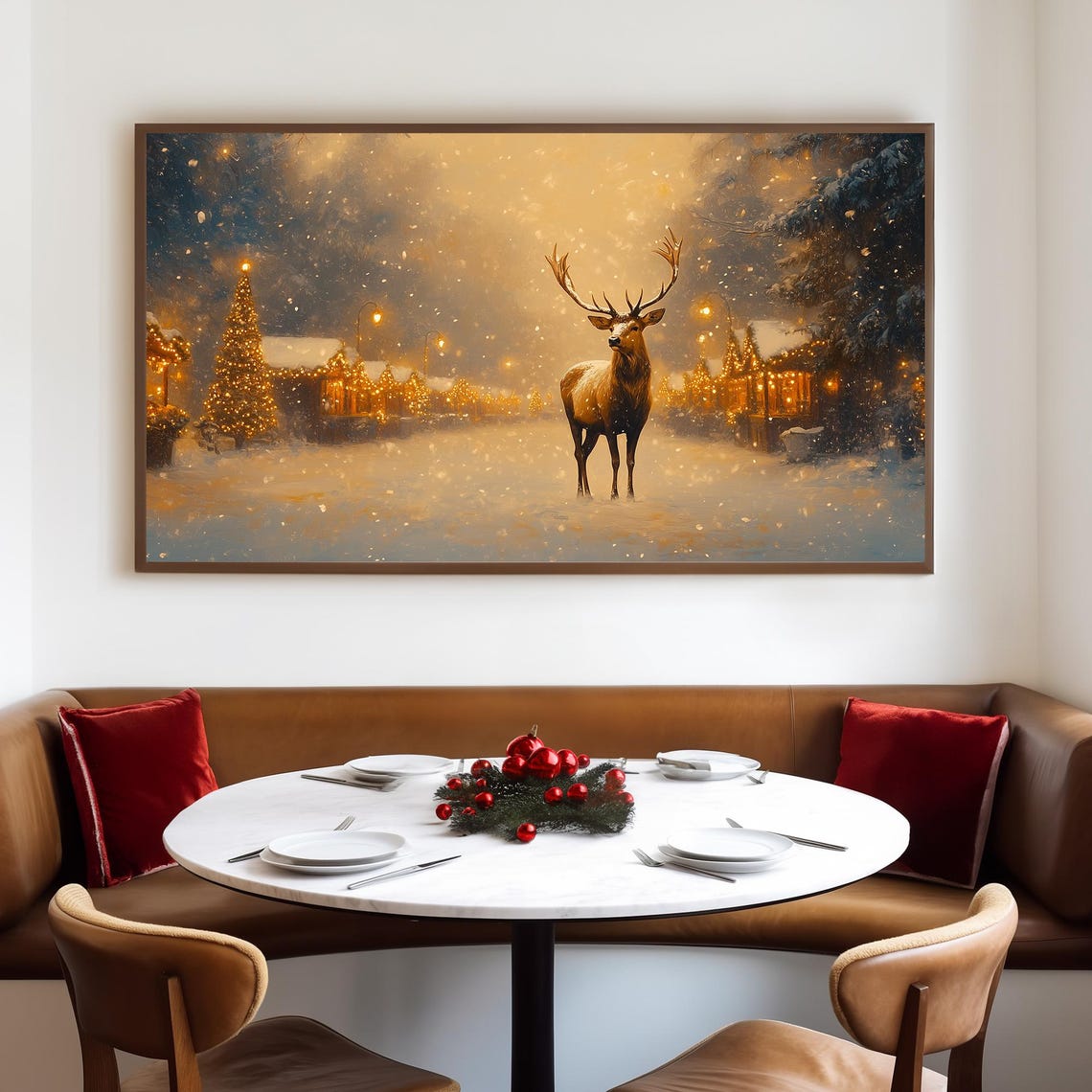 Majestic Stag In Snowy Christmas Market Street Vintage Art Poster - Image 4