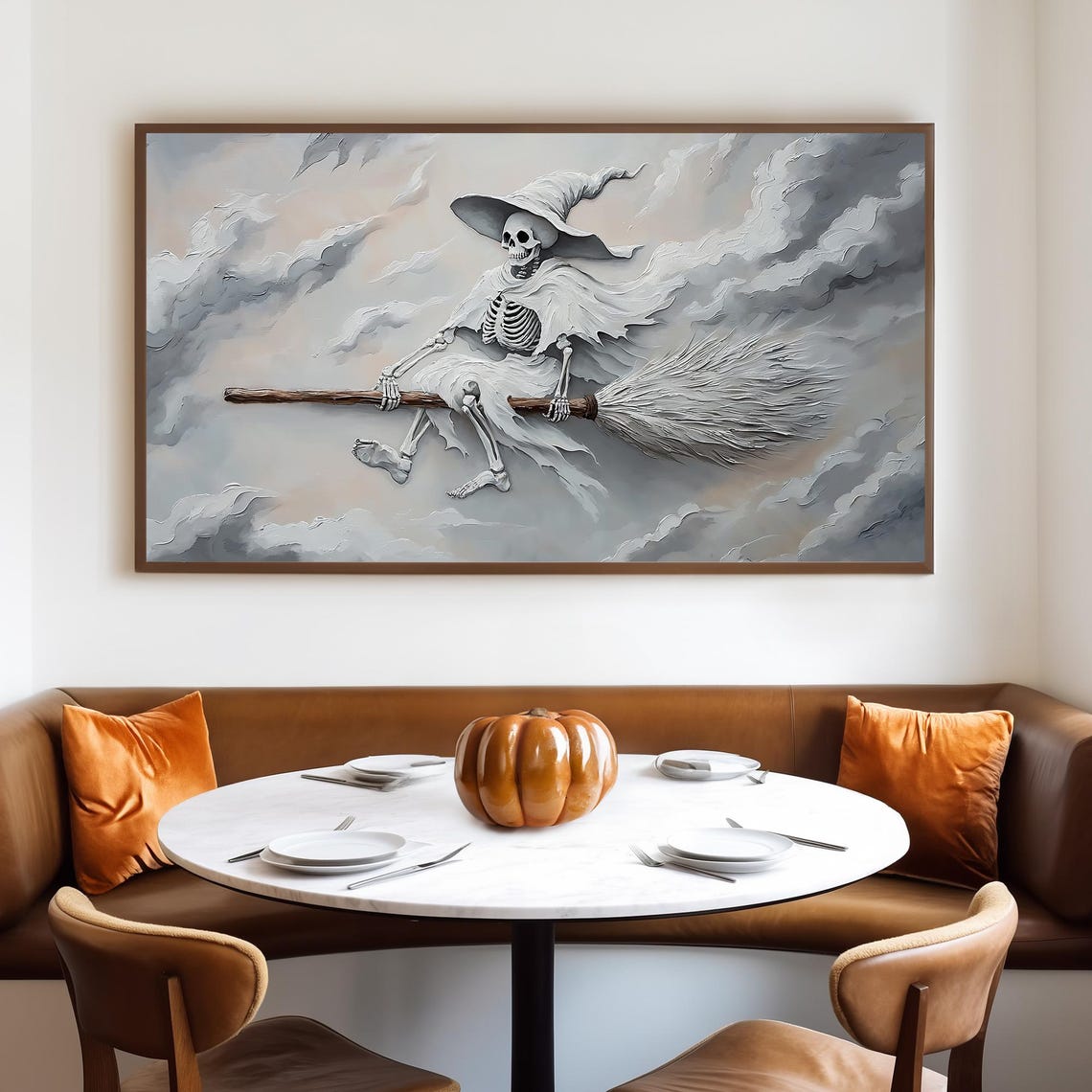 Skeleton Witch Flying on a Broomstick Through Gray Clouds Poster - Image 4