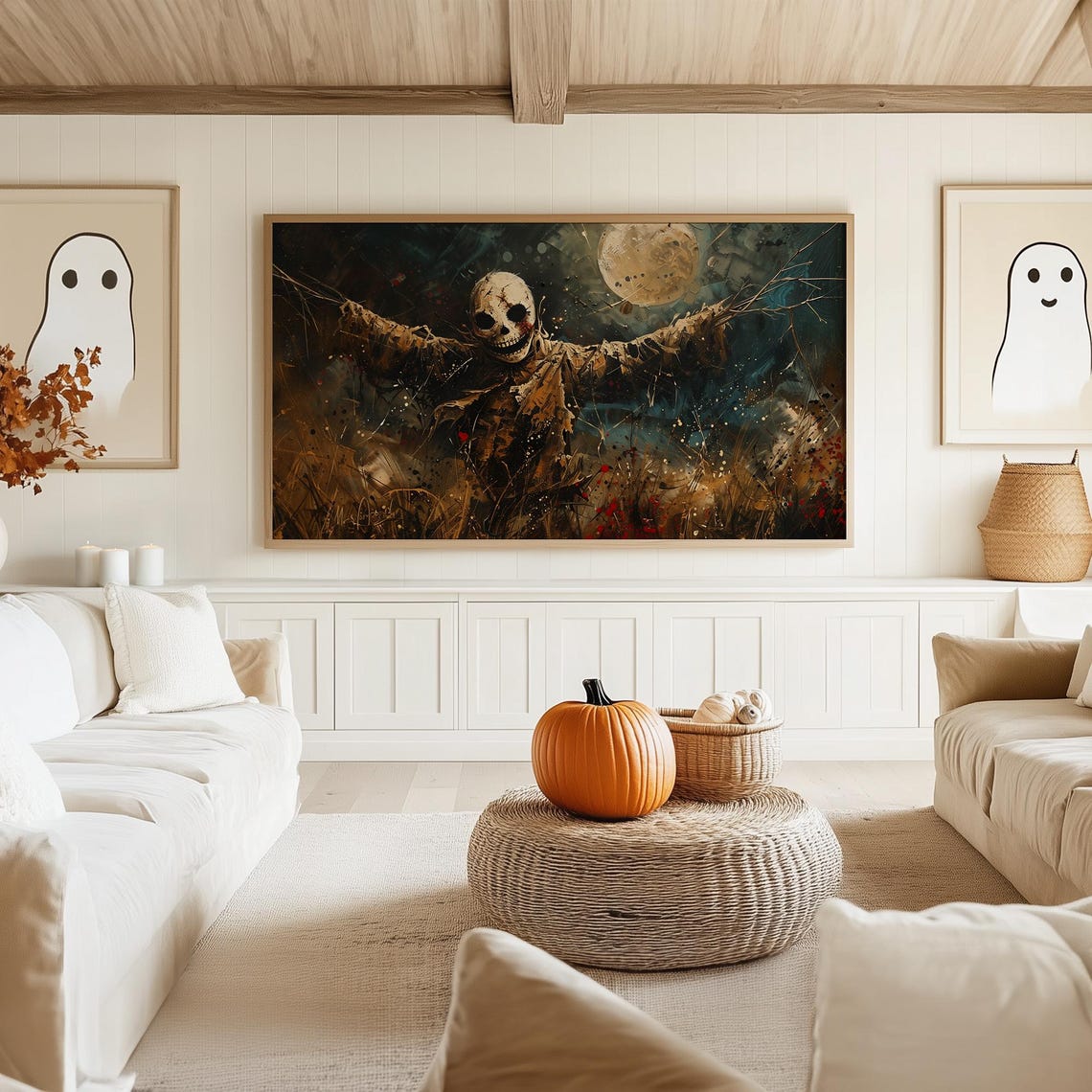 Creepy Skull Faced Scarecrow in Field Under Full Moon Halloween Poster - Image 5