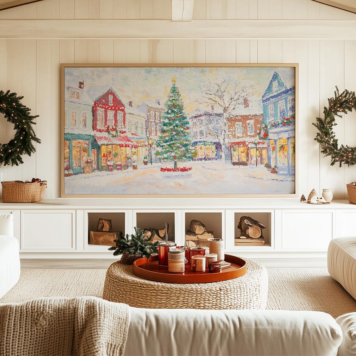 Snowy Town Square with a Lit Christmas Tree and Painted Shops Poster - Image 3