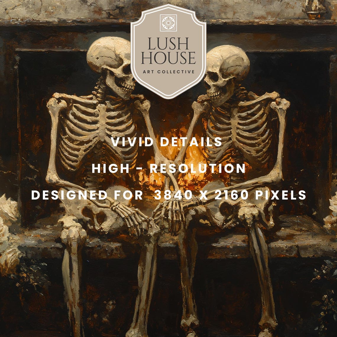 Skeleton Couple by Fireplace with White Roses Dark Academia Poster - Image 3