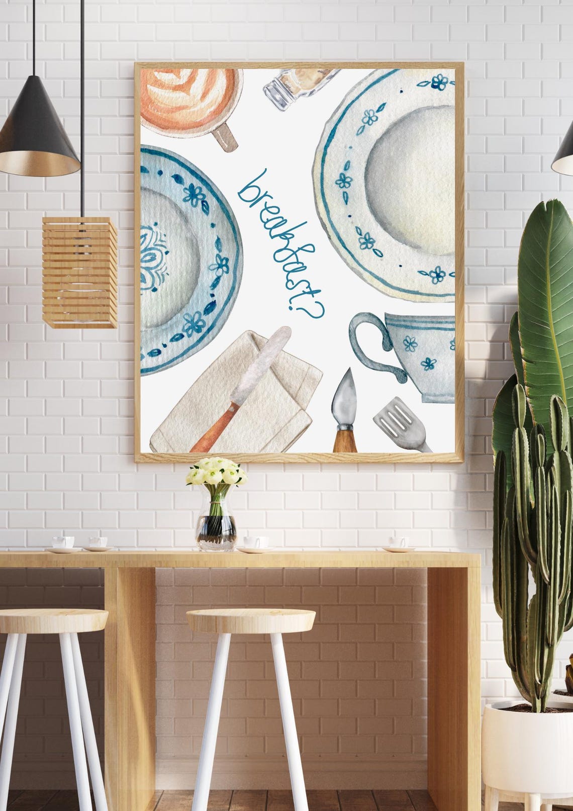 Breakfast Time Watercolor Blue Tableware Kitchen Decor Poster - Image 2