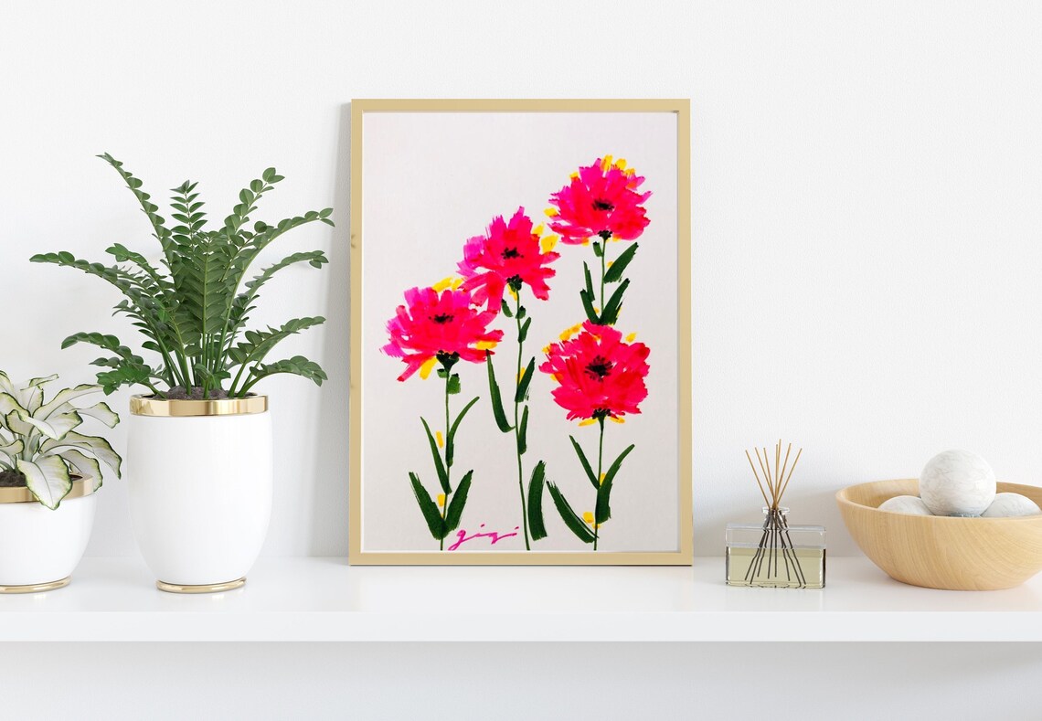 Vibrant Hot Pink Blossom Stems Watercolor Bold Floral Art Poster