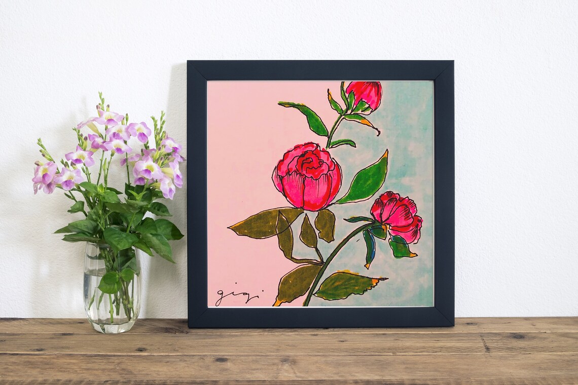 Fresh Bold Red Pink Peony Flower Watercolor Botanical Poster