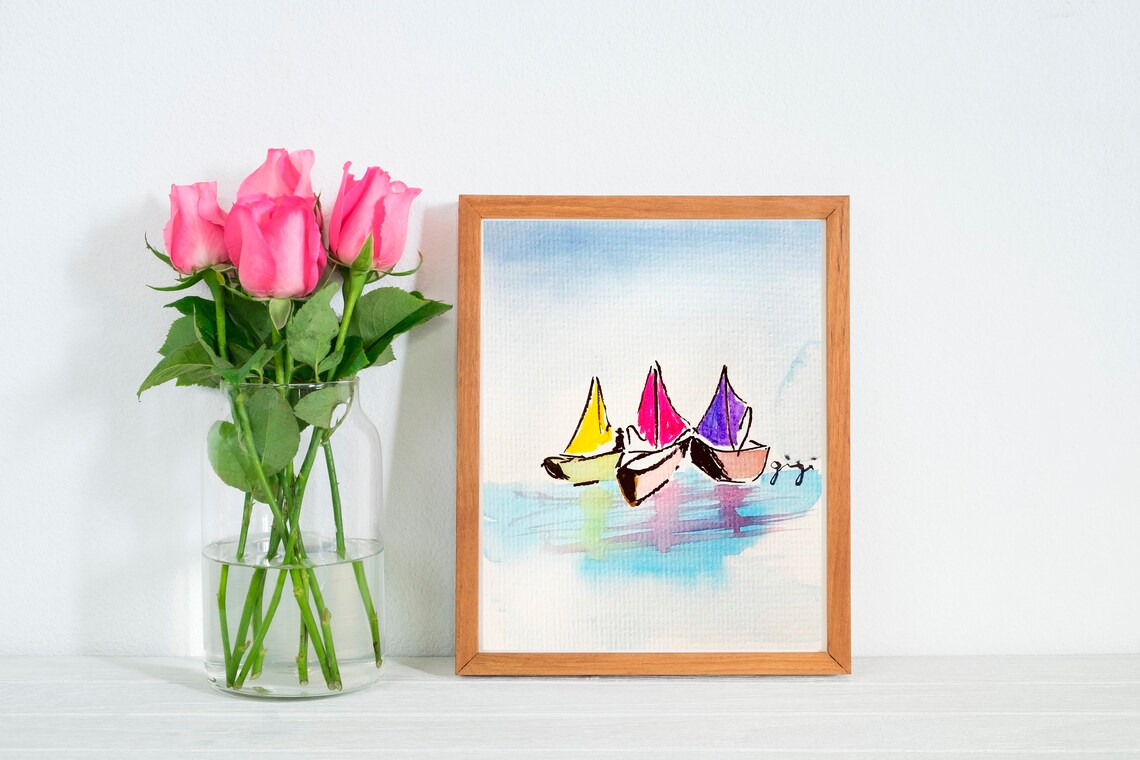 Three Colorful Sailboats Watercolor Nautical Coastal Art Poster