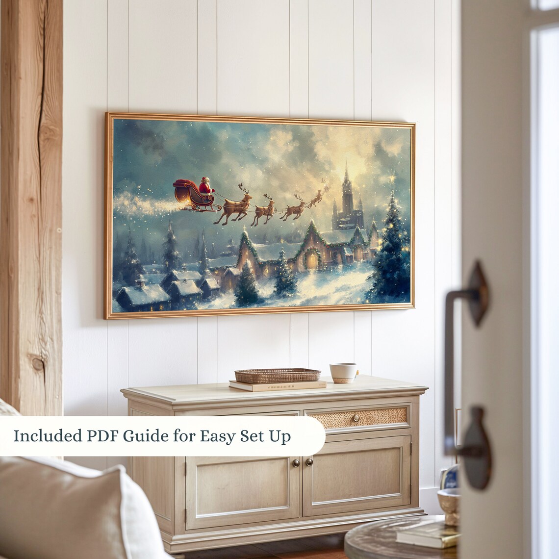 Santa Sleigh Reindeer Flying Over Snowy Village Golden Sky Poster - Image 2