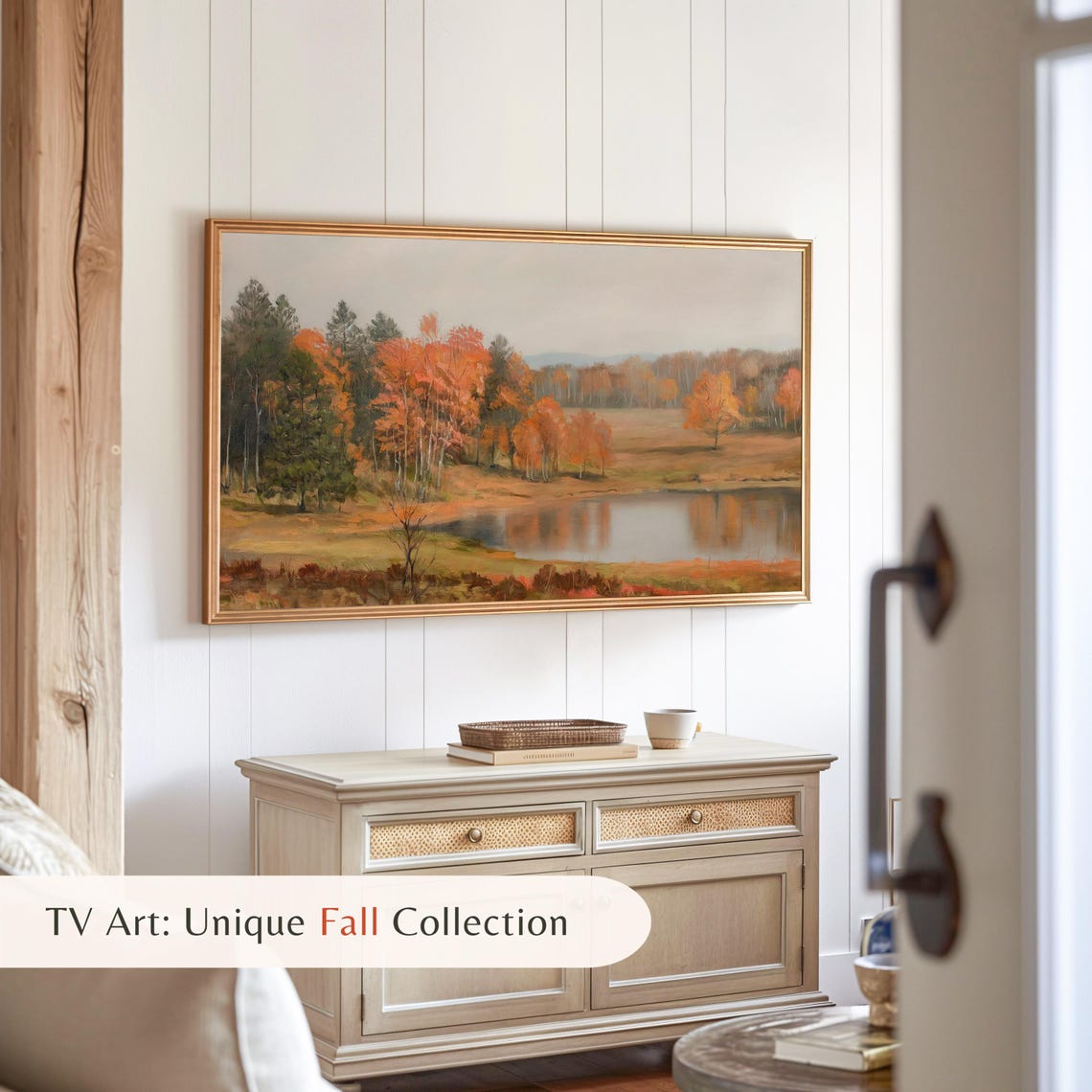 Rustic Autumn Lake Landscape Orange Trees Pond Fall Scenery TV Art - Image 2