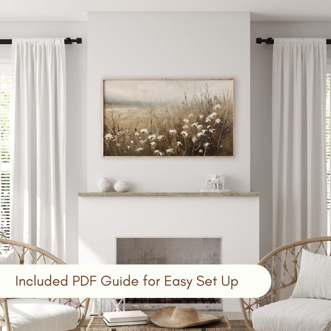 Neutral Wildflower Meadow Vintage Warm Tone Landscape Oil Poster - Image 3