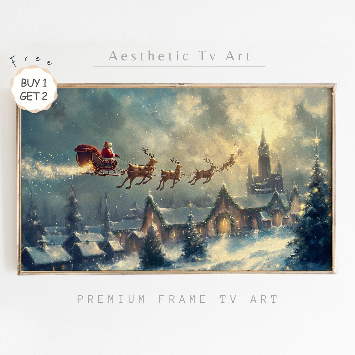 Santa Sleigh Reindeer Flying Over Snowy Village Golden Sky Poster