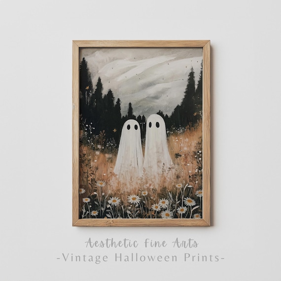 Vintage Cute Ghosts In Wildflower Meadow Print Neutral Halloween Fall Painting Wall Art Moody Ghosts Autumn Decor
