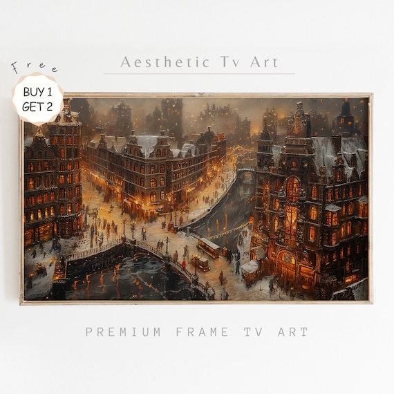Snowy Winter Night Frame Tv Art Moody Neutral Christmas Frame Tv Art Vintage Winter City Painting Christmas Decor