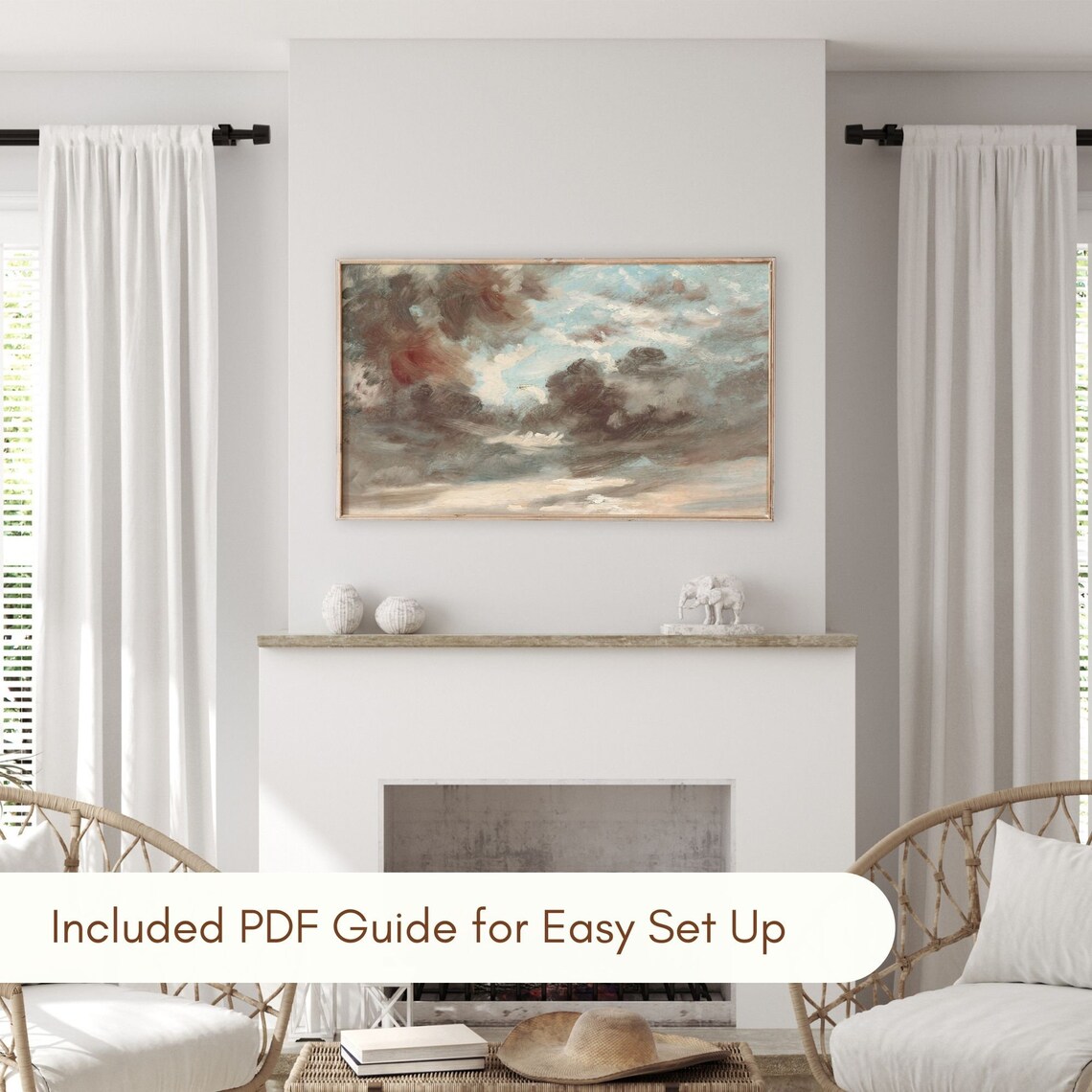 Vintage Neutral Clouds Oil Painting Moody Gray Sky Abstract Art Poster - Image 3