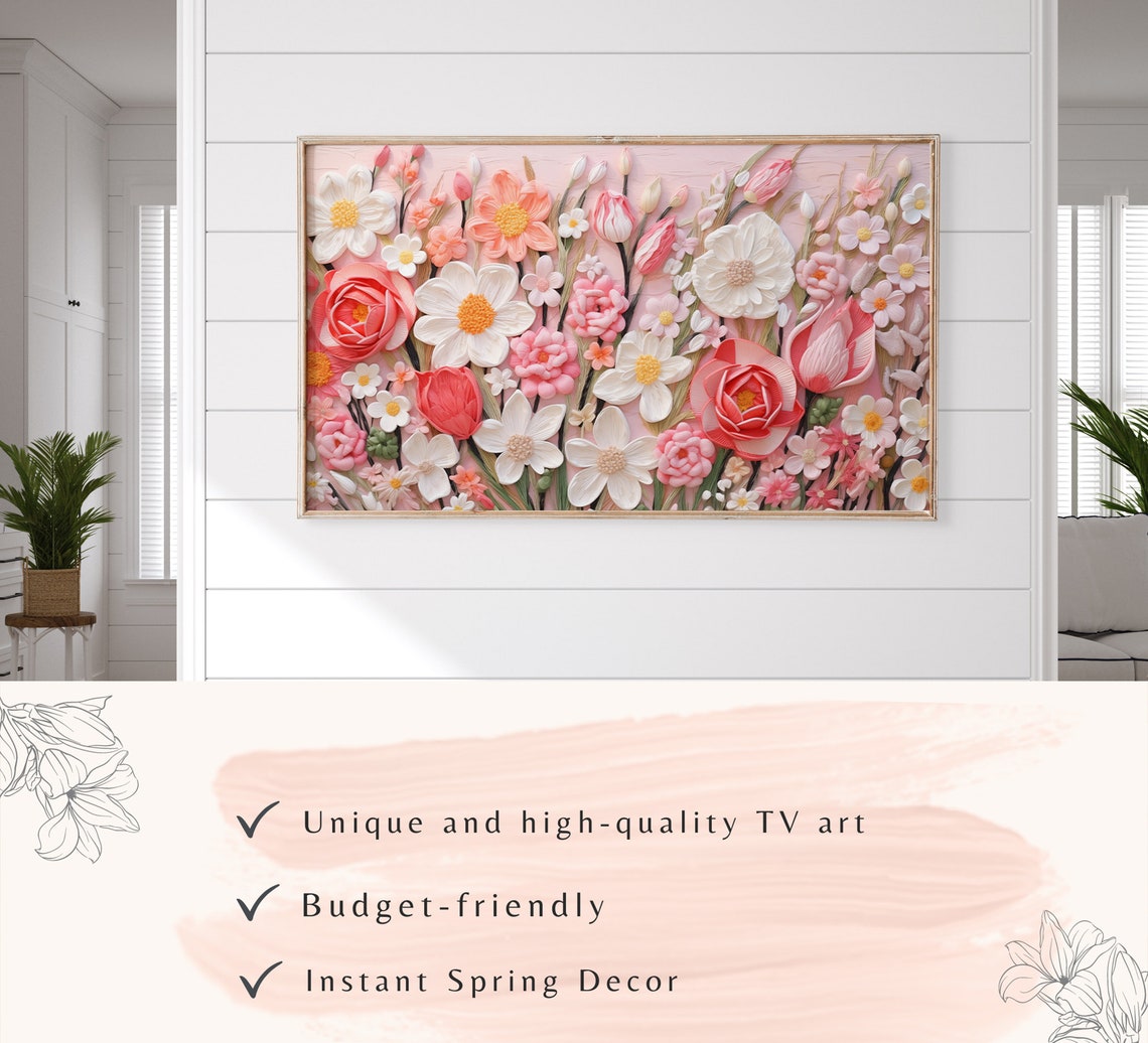 Textured Pink White Blossoms 3D Embroidery Style Flower Art Poster - Image 3