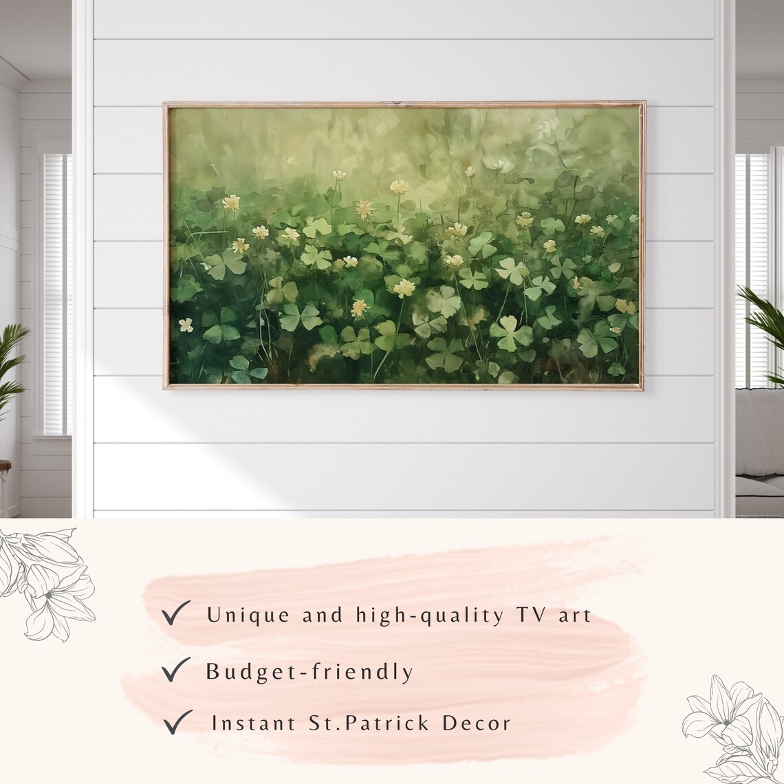 Clover Field Watercolor Green Meadow Tiny Yellow Flowers Wall Art - Image 3