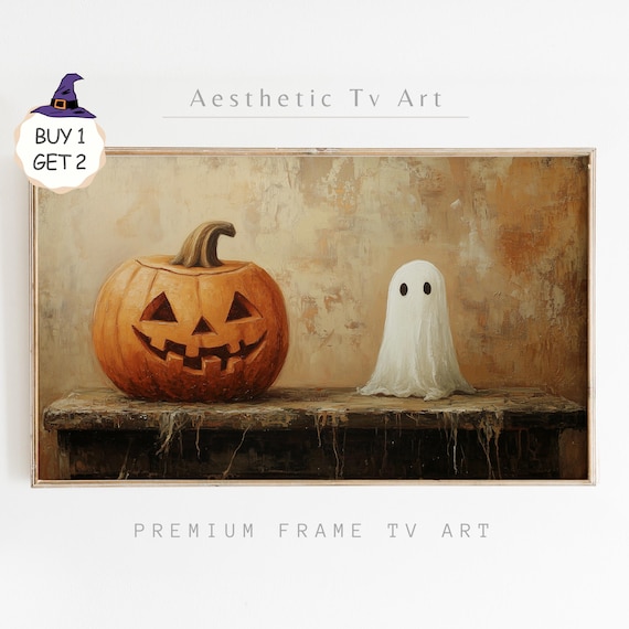 Jack-O-Lantern Pumpkin and Cute Ghost Rustic Halloween TV Art Poster