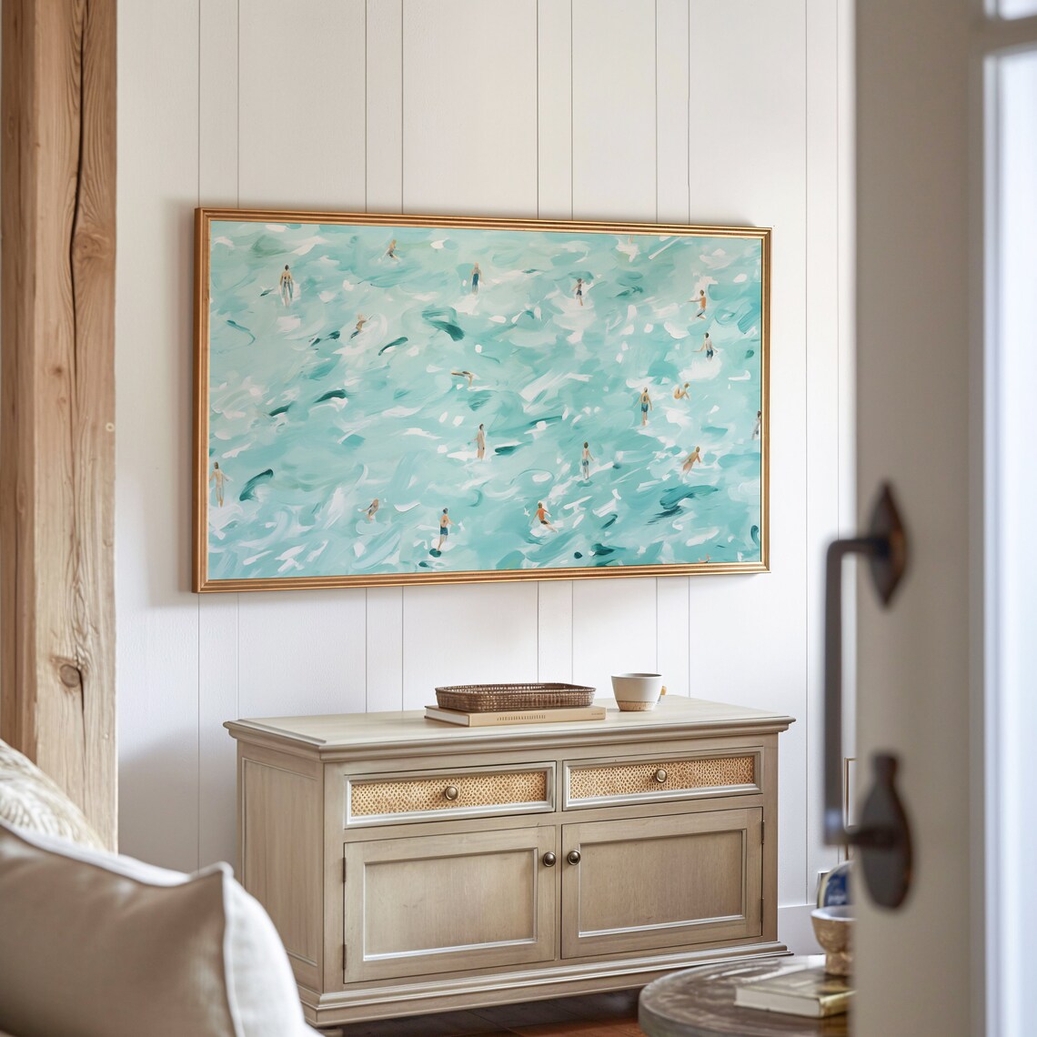Aerial Swimmers Turquoise Sea Playful Summer Ocean Painting Poster - Image 3