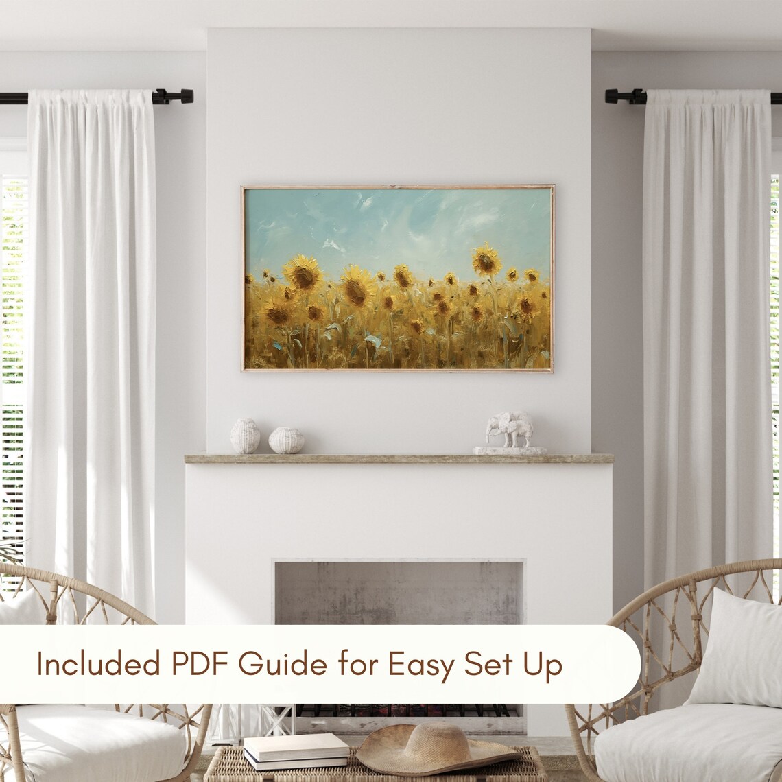 Sunflower Field Teal Sky Golden Summer Blooms Oil Painting Poster - Image 3