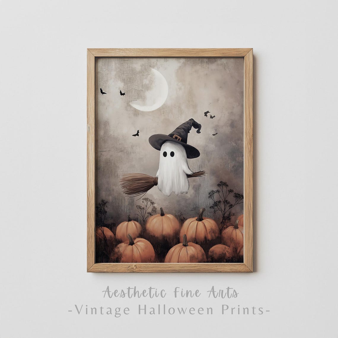 Halloween Wall Art Witchy Prints Cute Ghost Painting Ghost With Broomstick Halloween Decor