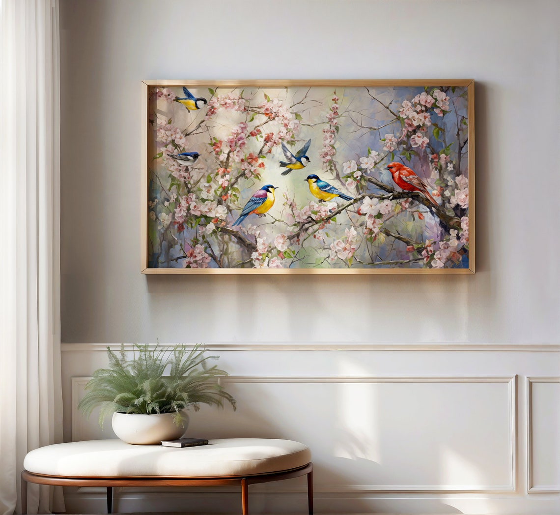 Colorful Songbirds Cherry Blossom Branches Spring Nature Wall Art - Image 3