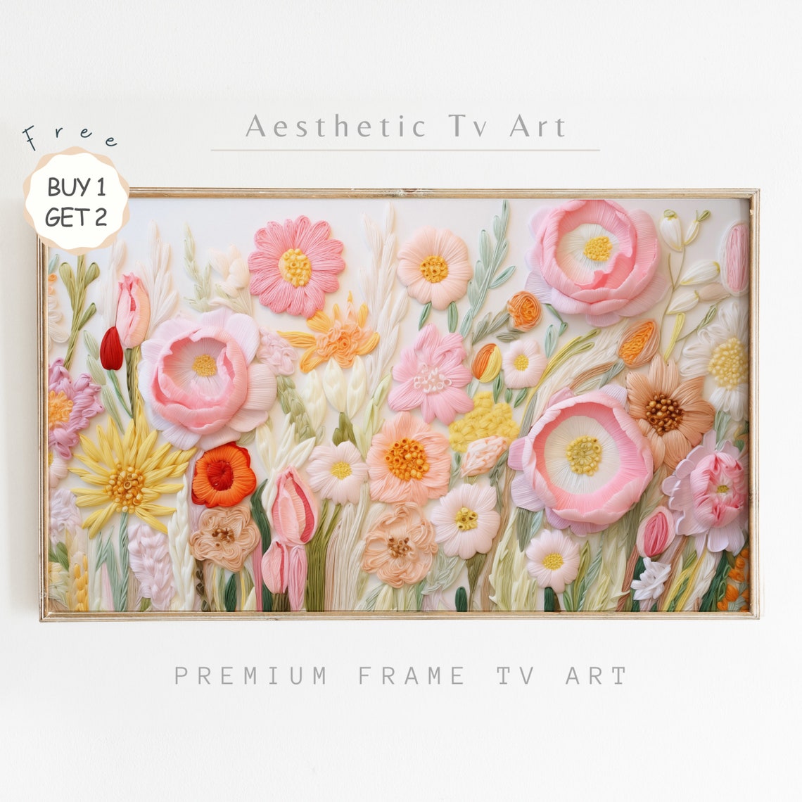 Pink Peach Embroidered Blossoms Textured Spring Flower Art Poster