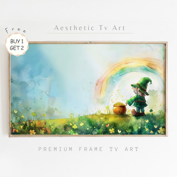 St Patricks Day Frame Tv Art Painting Of Cute Irish Gnome For Tv Rainbow Shamrock Tv Art St Pattys Day Decor