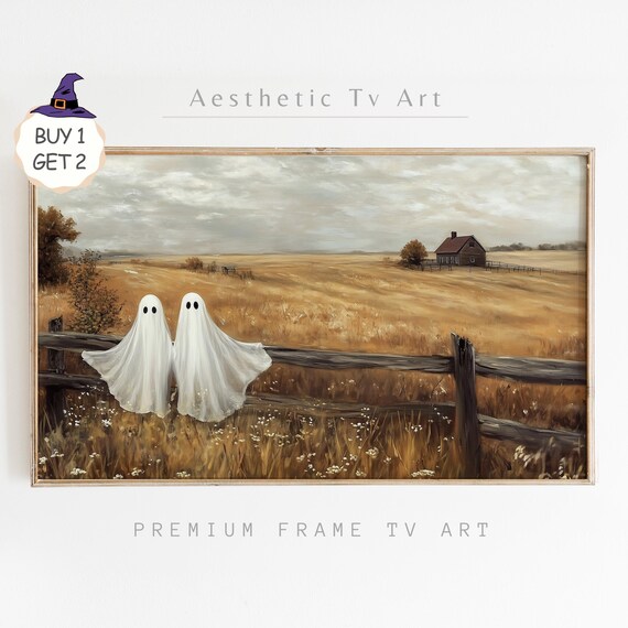 Two Ghosts by Farm Fence Golden Prairie Farmhouse Halloween TV Art