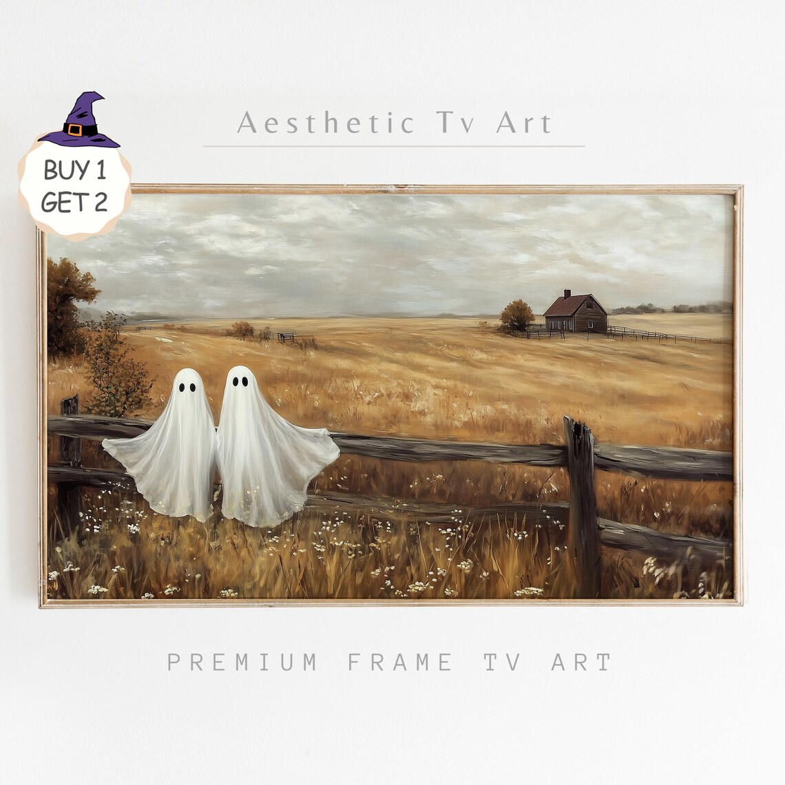 Two Ghosts by Farm Fence Golden Prairie Farmhouse Halloween TV Art