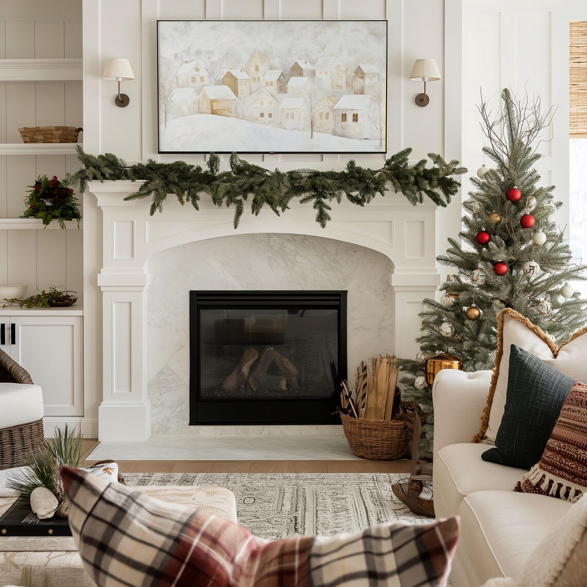Minimalist White Snowy Village Houses Winter Neutral Wall Art