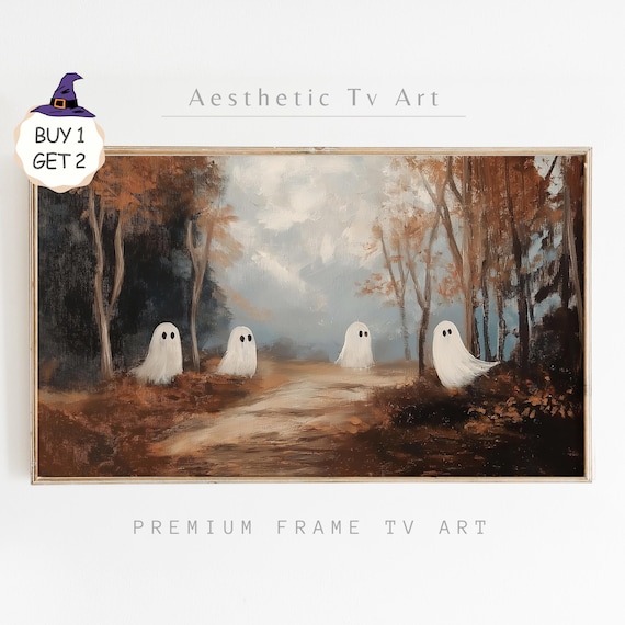 Four Ghosts on Autumn Forest Path Vintage Spooky Halloween TV Art