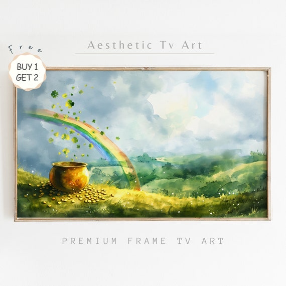 St Patricks Day Frame Tv Art Watercolor Painting Of Ireland With A Pot Of Gold And A Rainbow Shamrock Art Frame Tv