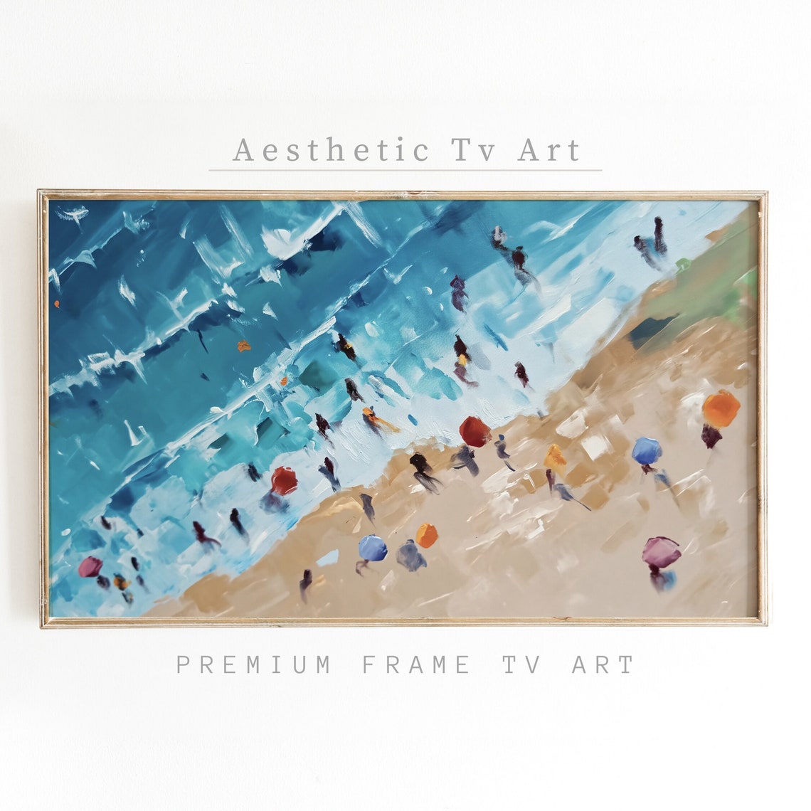 Summer Beach Aerial View Swimmers Colorful Umbrellas Sea Poster