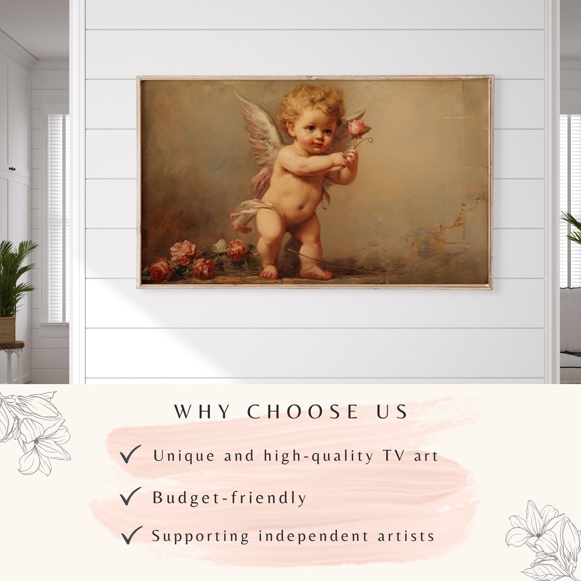 Vintage Cherub Holding Pink Rose Classical Angel Oil Painting Art - Image 2