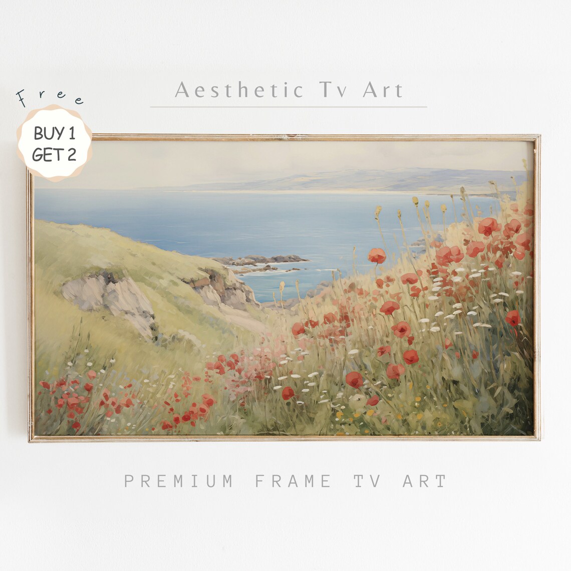 Coastal Poppy Field Cliffs Ocean Bay Vintage Summer Landscape Poster