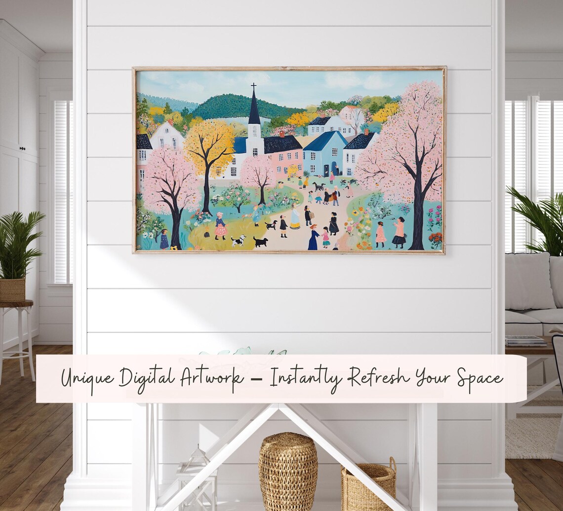 Colorful Spring Village With Church And Blossom Trees Folk Art Poster - Image 4