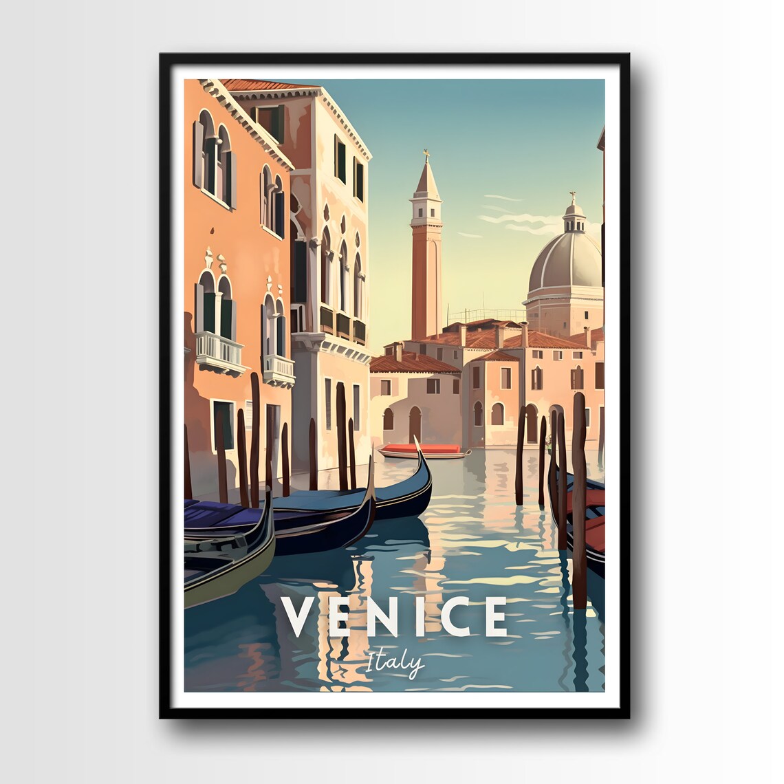 Venice Italy Gondola Canal Golden Hour Church Tower Travel Poster
