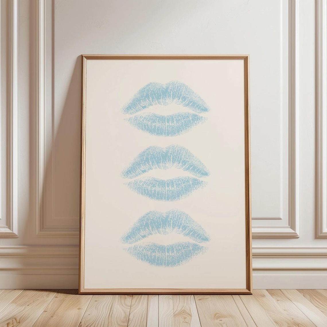 Blue Lipstick Kiss Prints Trio Cream Girly Preppy Aesthetic Wall Art