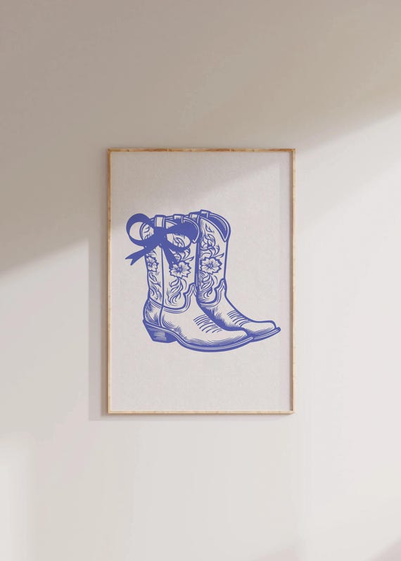 Blue Cowgirl Boots Print Coquette Poster Girly Western Print Dorm Aesthetic Trendy Blue Preppy Art Rodeo Poster