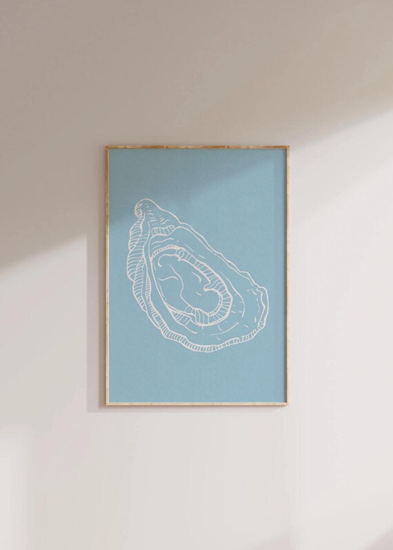 Blue Oyster Shell Minimal White Line Art Coastal Decor Poster